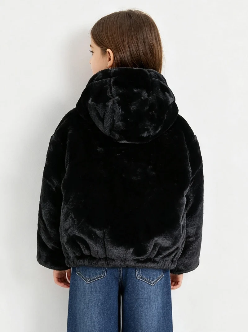 Giubbotto in ecopelliccia da bambina con cappuccio e zip - nero