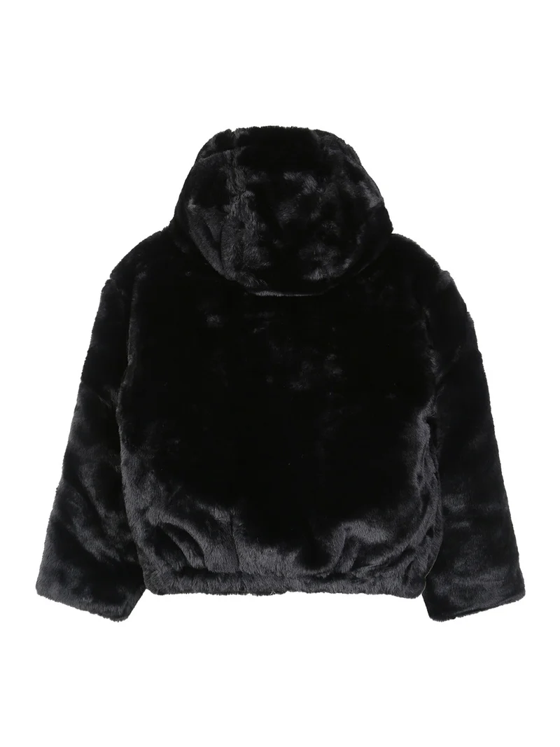 Giubbotto in ecopelliccia da bambina con cappuccio e zip - nero