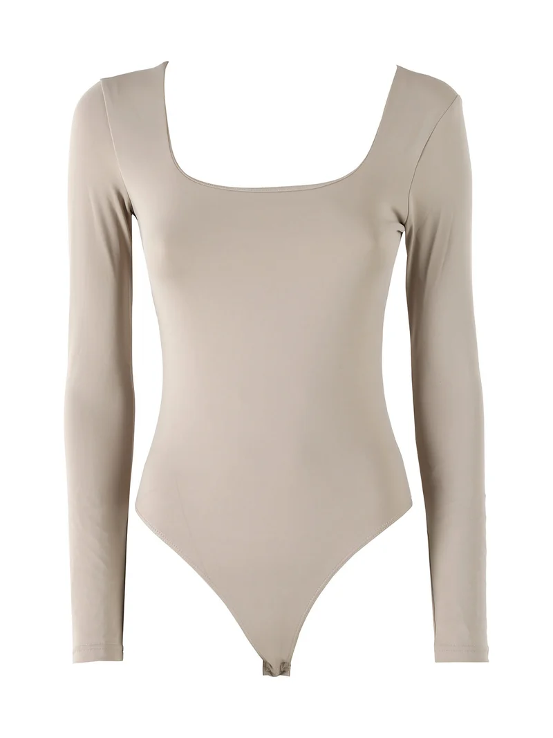 Top body donna a maniche lunghe con scollo davanti e dietro - taupe