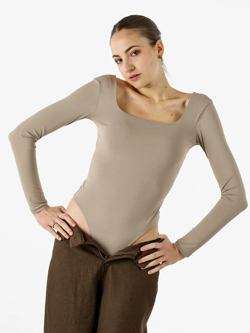 Top body donna a maniche lunghe con scollo davanti e dietro - taupe