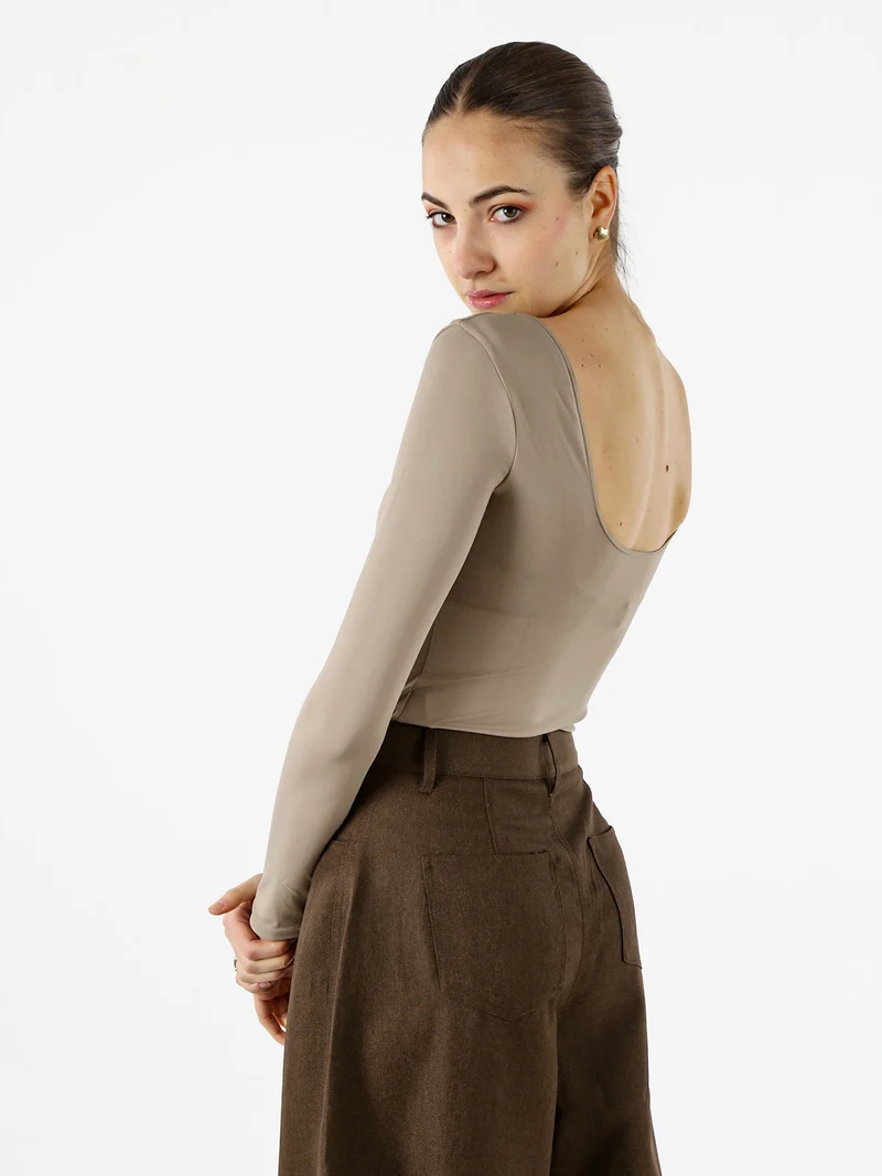 Top body donna a maniche lunghe con scollo davanti e dietro - taupe