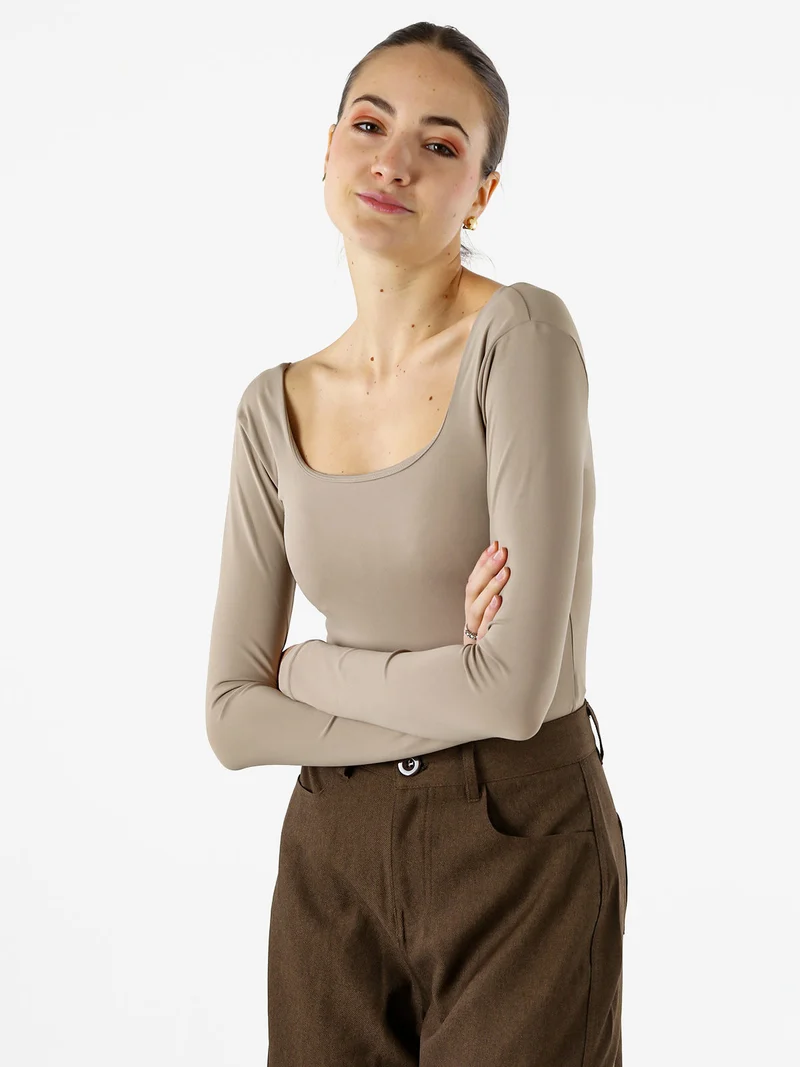 Top body donna a maniche lunghe con scollo davanti e dietro - taupe