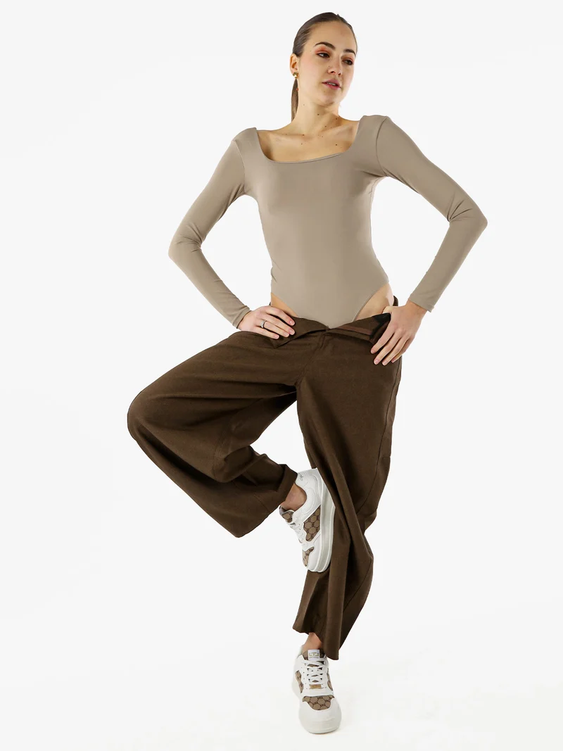 Top body donna a maniche lunghe con scollo davanti e dietro - taupe