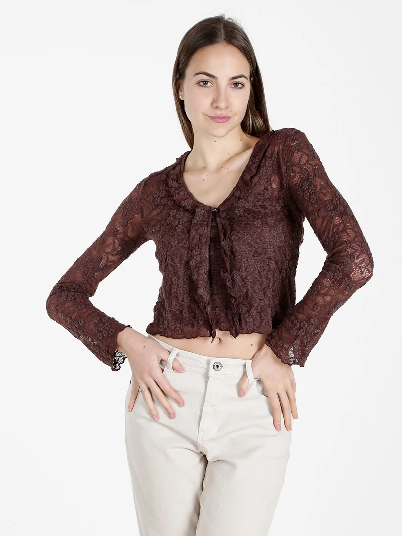 Set donna 2 pezzi con top e cardigan in pizzo - marrone
