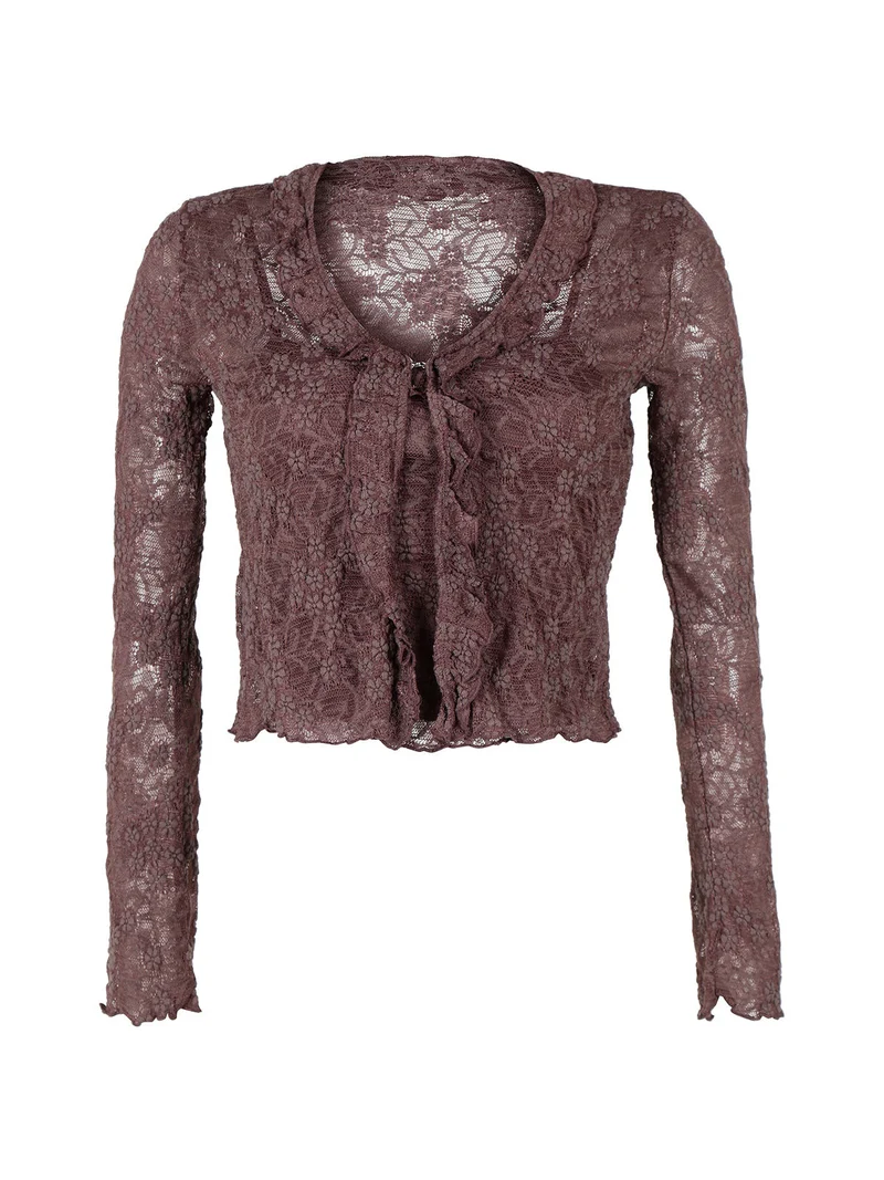 Set donna 2 pezzi con top e cardigan in pizzo - marrone
