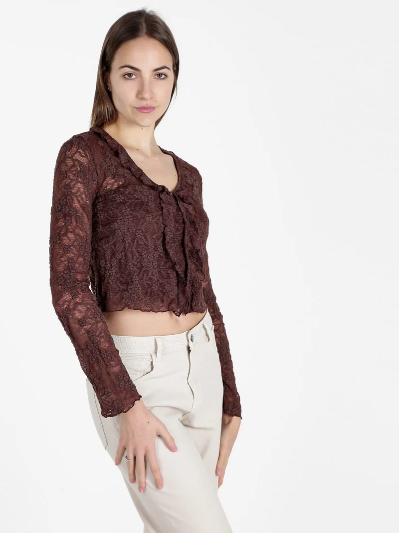 Set donna 2 pezzi con top e cardigan in pizzo - marrone