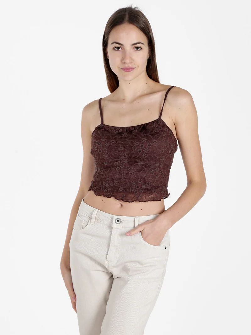 Set donna 2 pezzi con top e cardigan in pizzo - marrone
