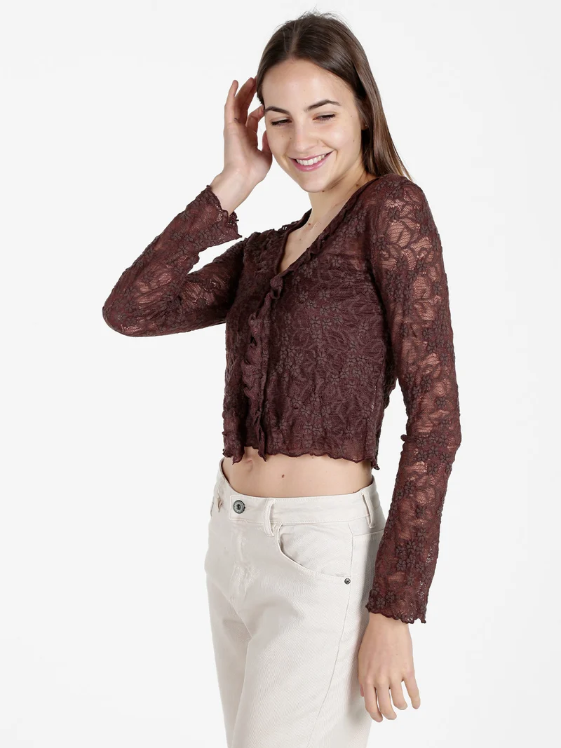 Set donna 2 pezzi con top e cardigan in pizzo - marrone