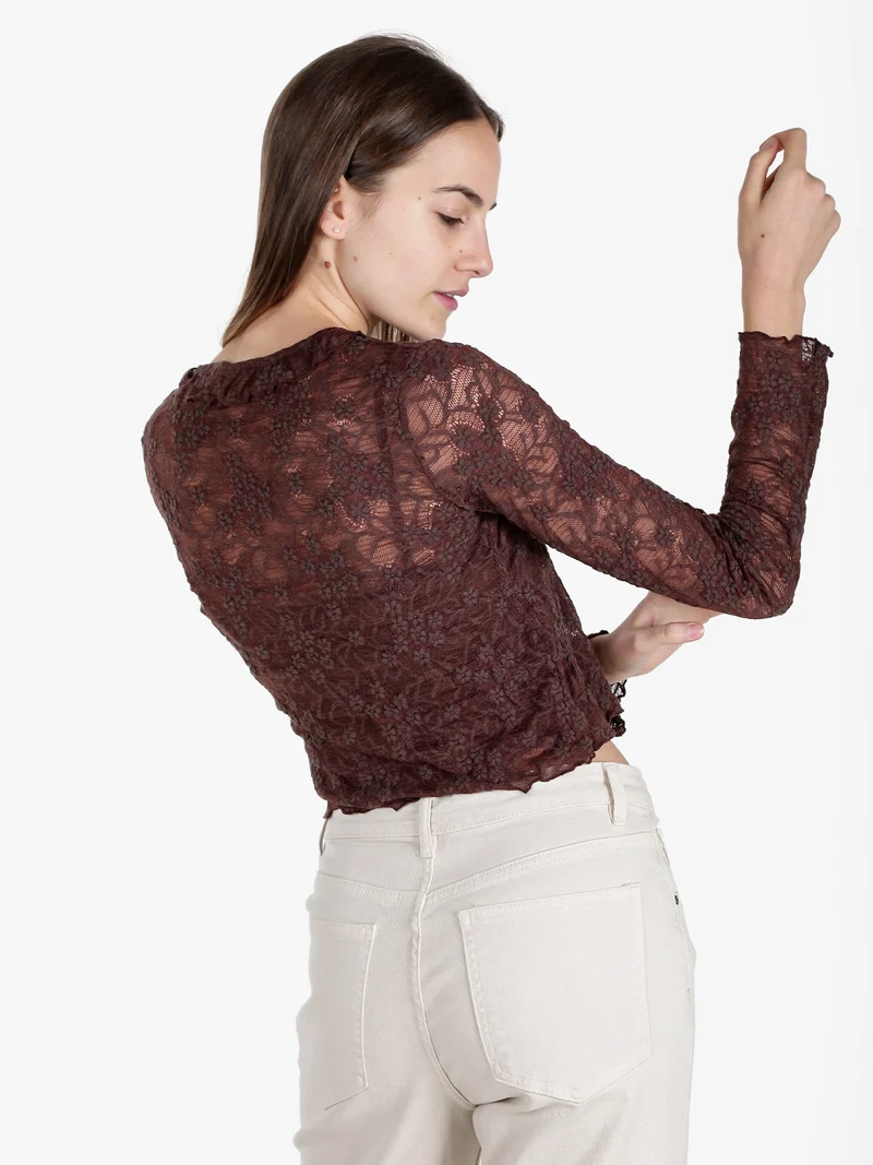 Set donna 2 pezzi con top e cardigan in pizzo - marrone