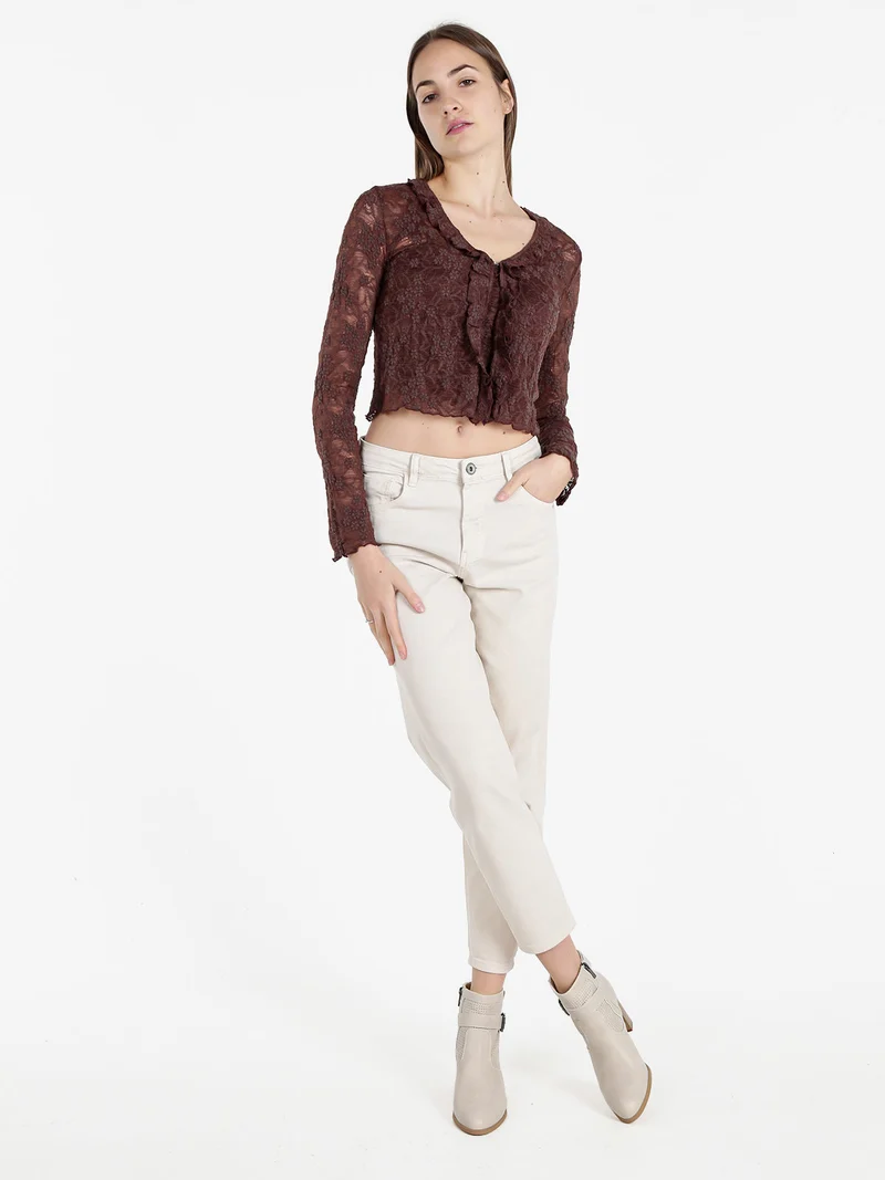 Set donna 2 pezzi con top e cardigan in pizzo - marrone