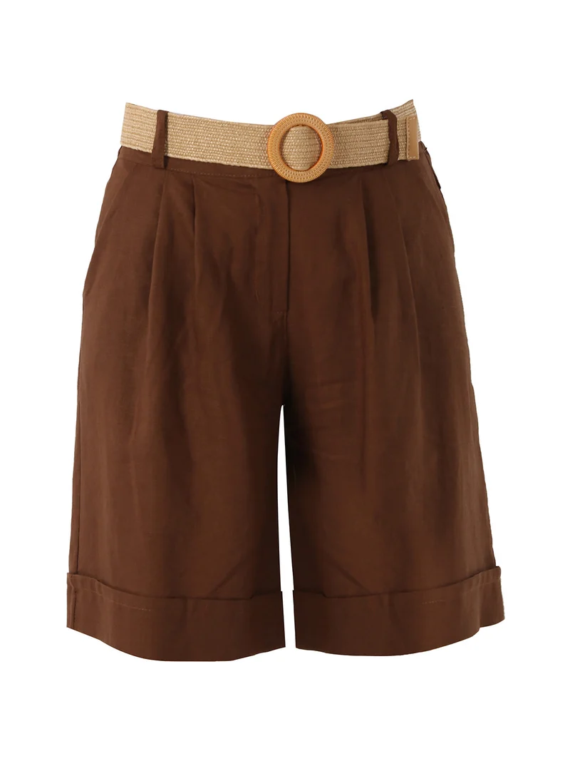 Bermuda donna in misto lino con cintura in rafia - marrone