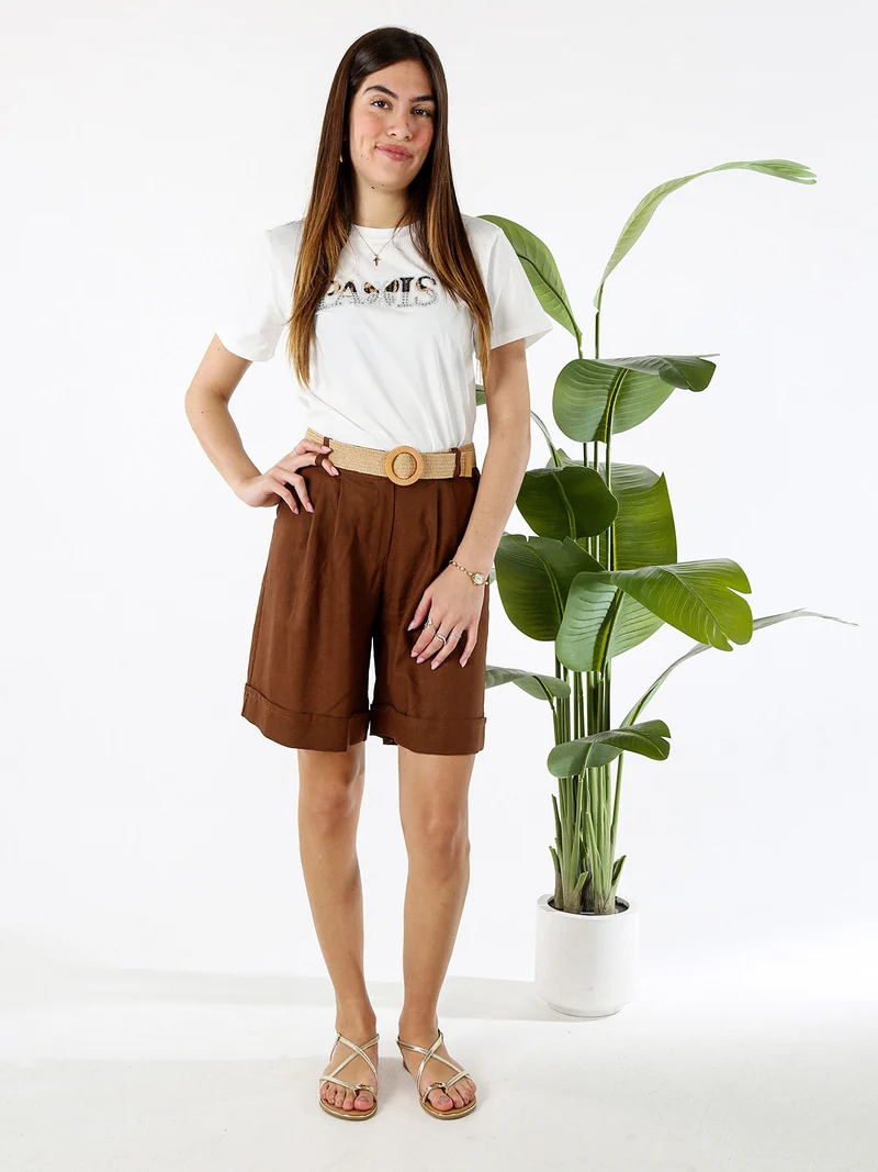 Bermuda donna in misto lino con cintura in rafia - marrone