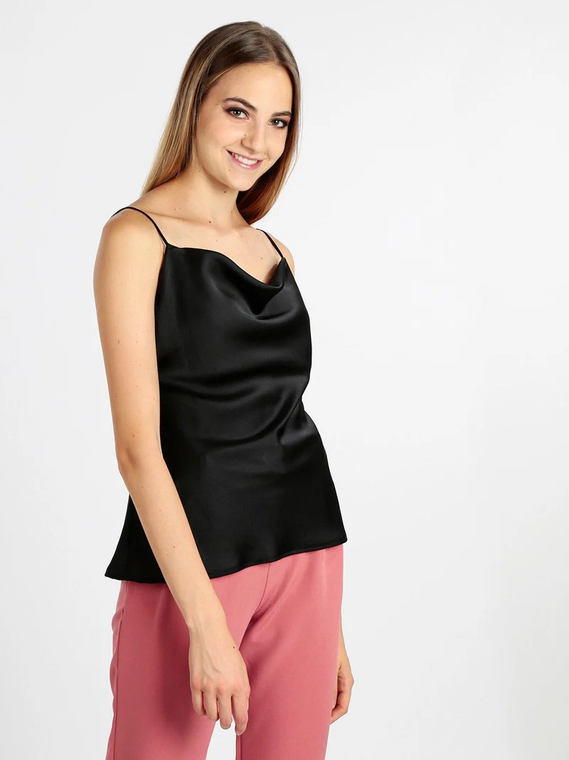 Top donna effetto seta con scollo a cascata - nero
