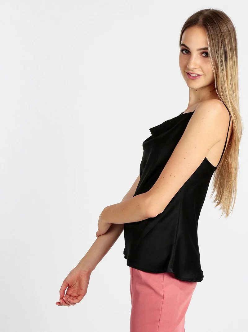 Top donna effetto seta con scollo a cascata - nero