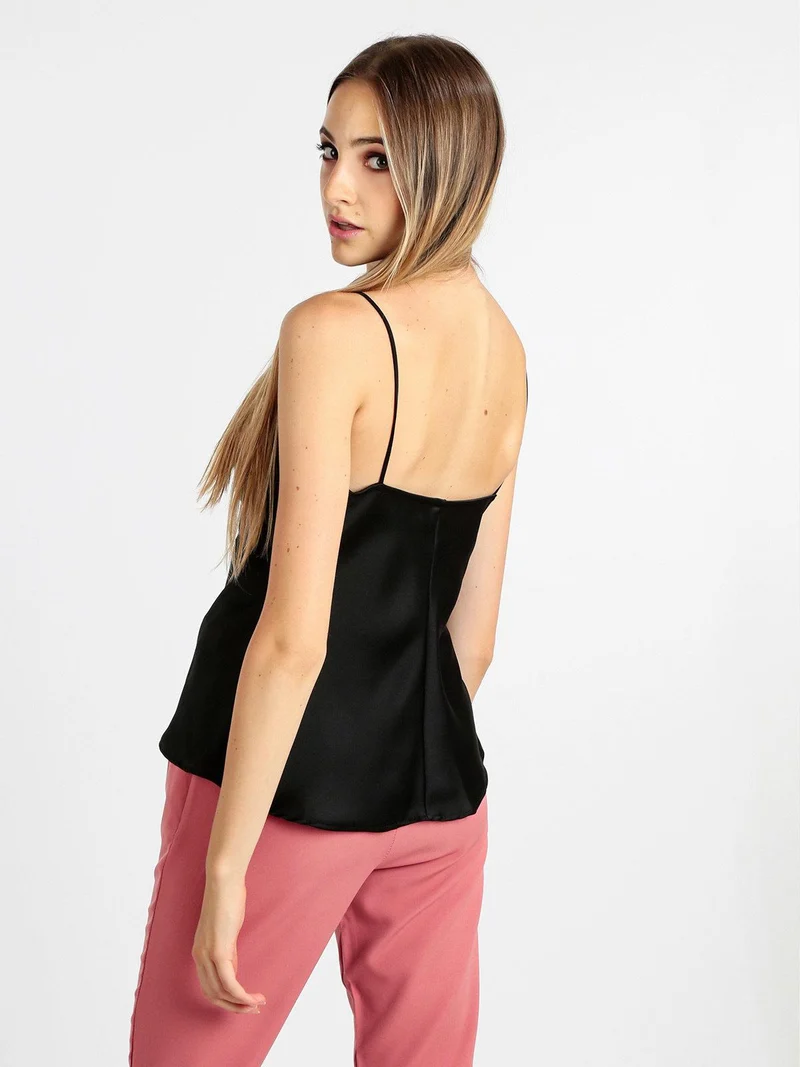 Top donna effetto seta con scollo a cascata - nero