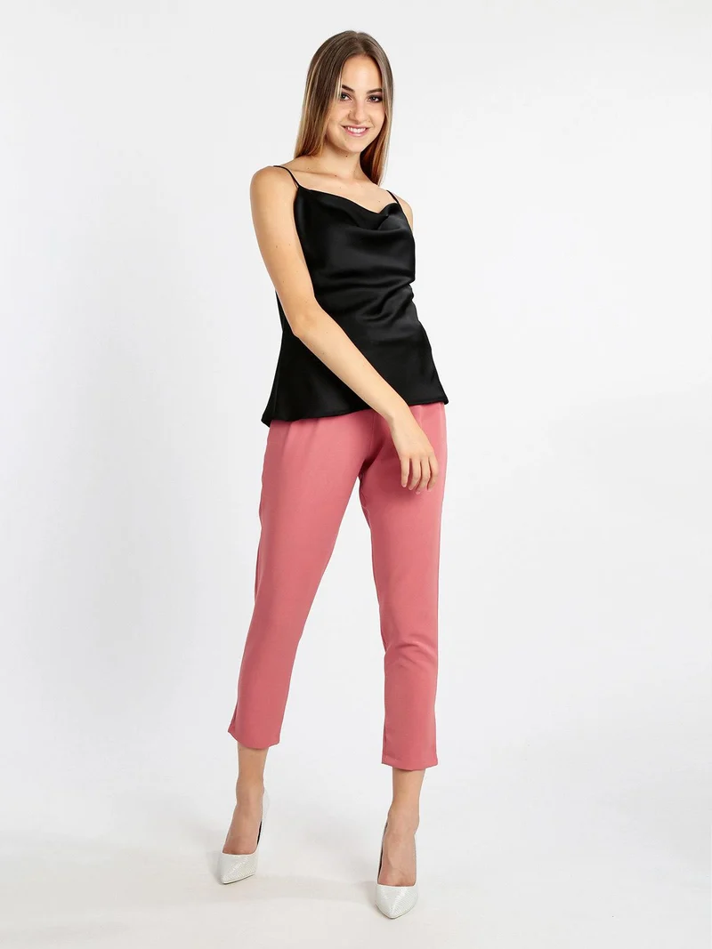 Top donna effetto seta con scollo a cascata - nero