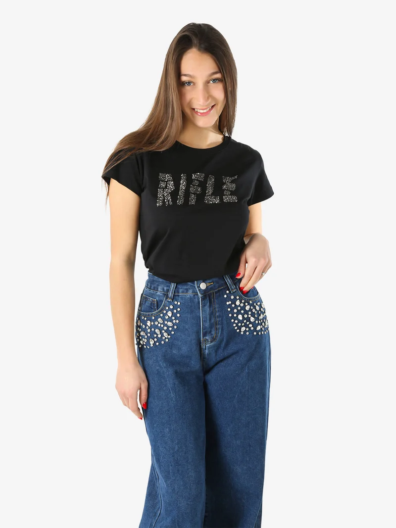 T-shirt girocollo da donna in cotone con micro borchie - nero