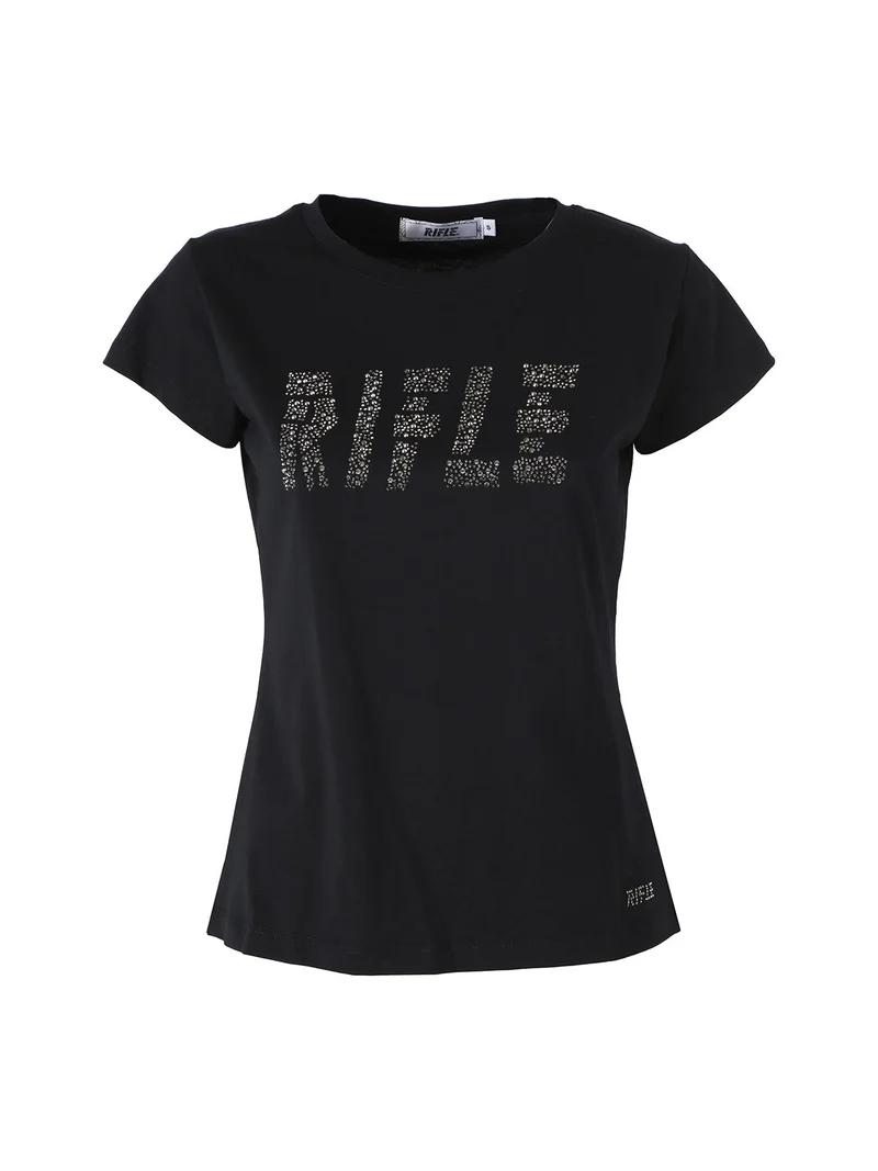 T-shirt girocollo da donna in cotone con micro borchie - nero