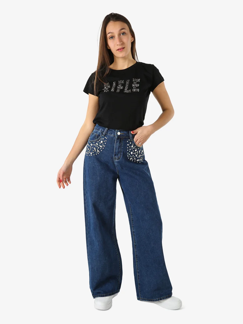 T-shirt girocollo da donna in cotone con micro borchie - nero