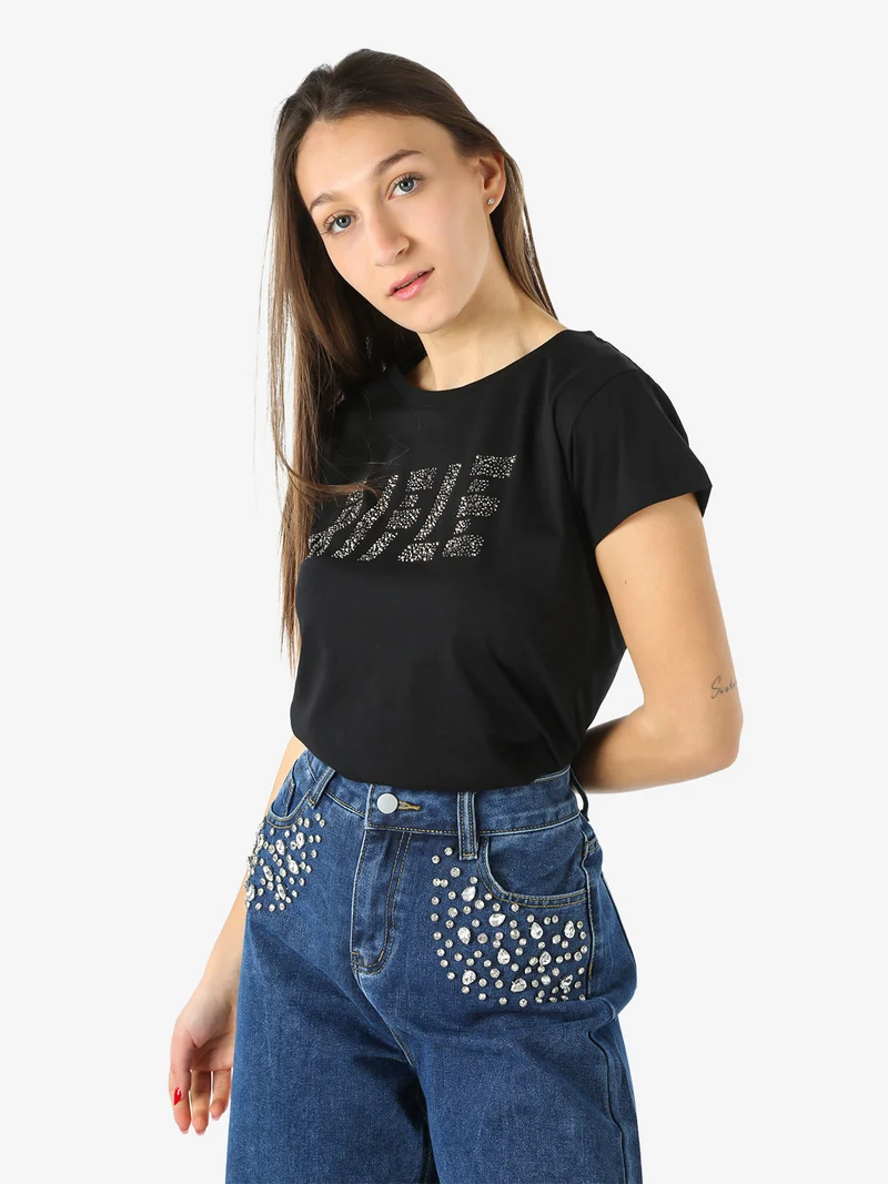 T-shirt girocollo da donna in cotone con micro borchie - nero
