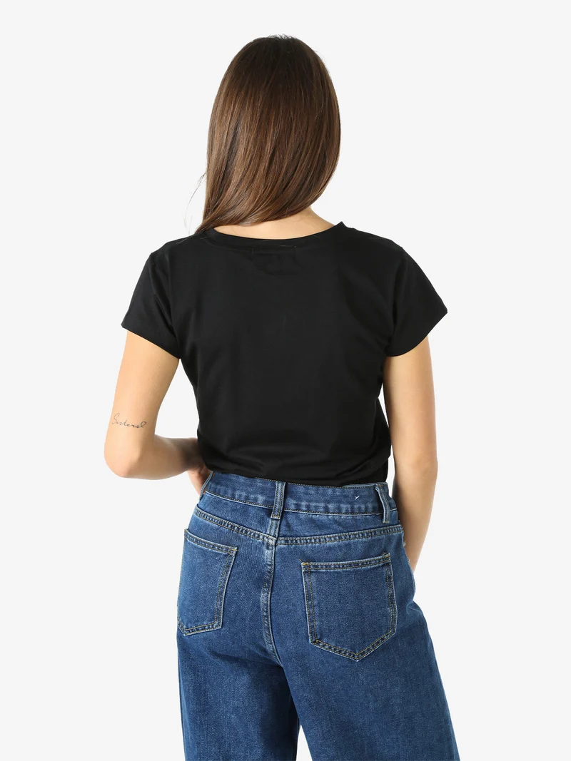 T-shirt girocollo da donna in cotone con micro borchie - nero