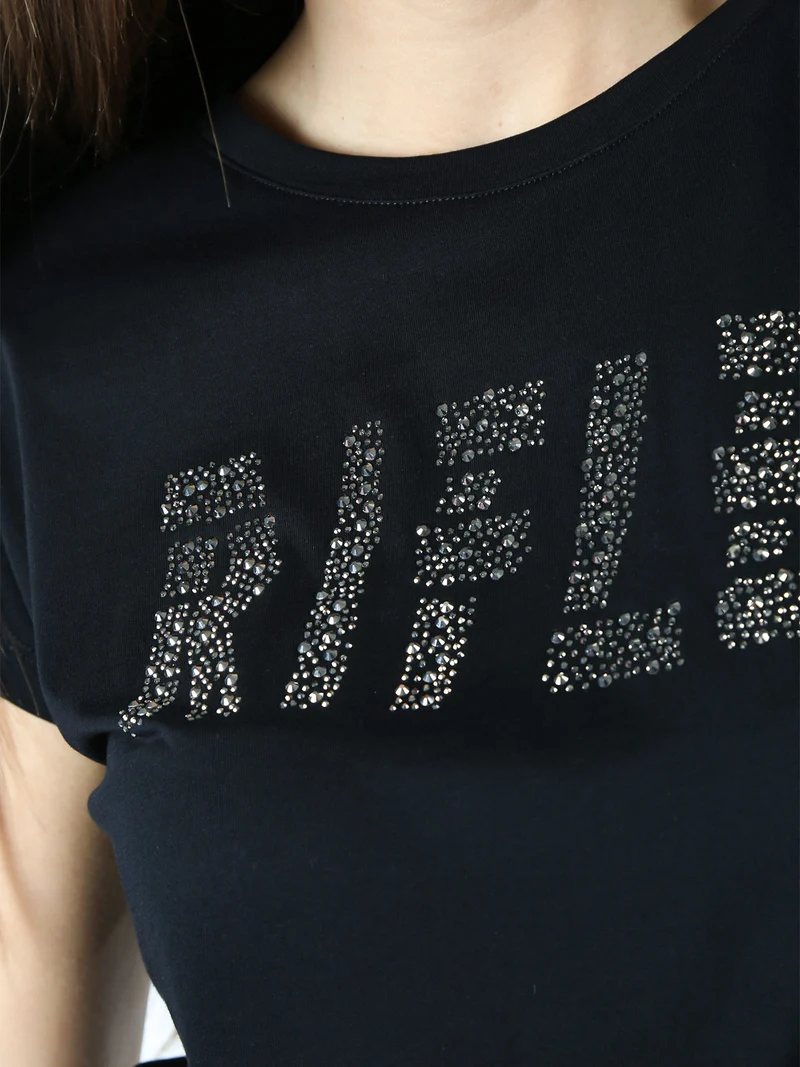 T-shirt girocollo da donna in cotone con micro borchie - nero