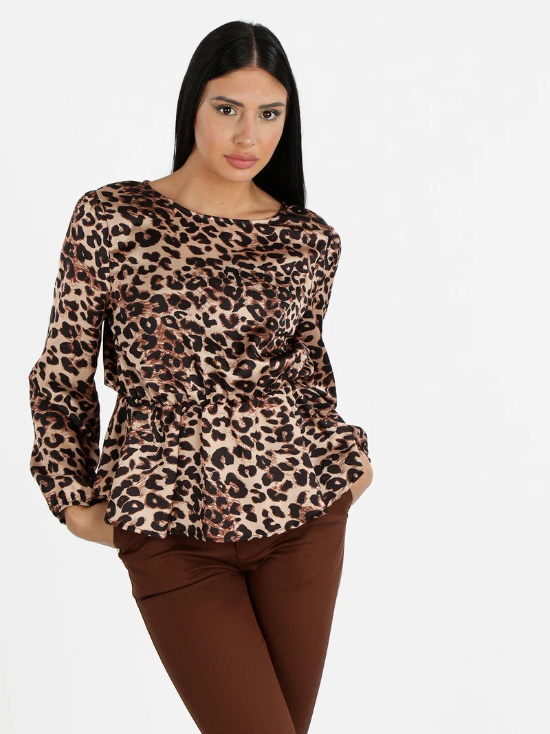 Blusa donna a maniche lunghe con stampa animalier - cammello
