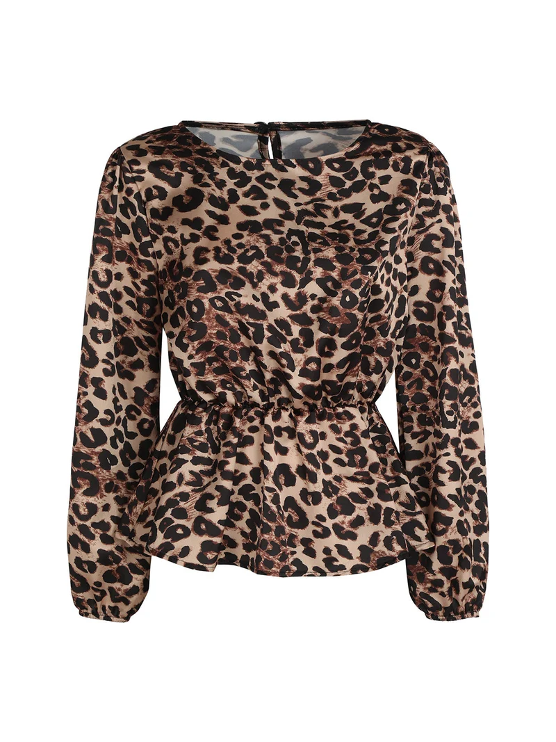 Blusa donna a maniche lunghe con stampa animalier - cammello