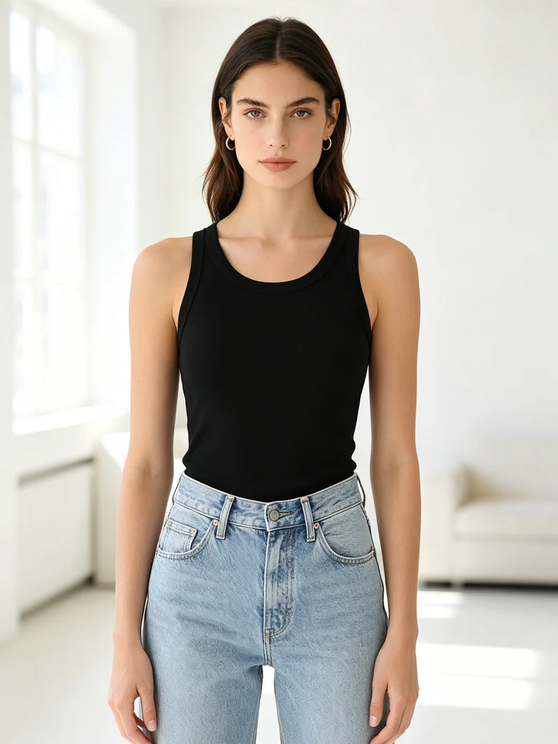 Top girocollo da donna a costine - nero