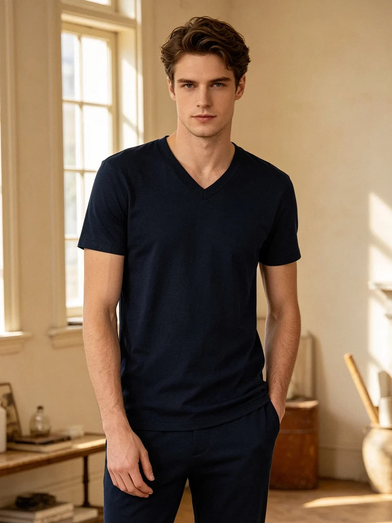 T-shirt intima uomo scollo V in caldo cotone - blu scuro