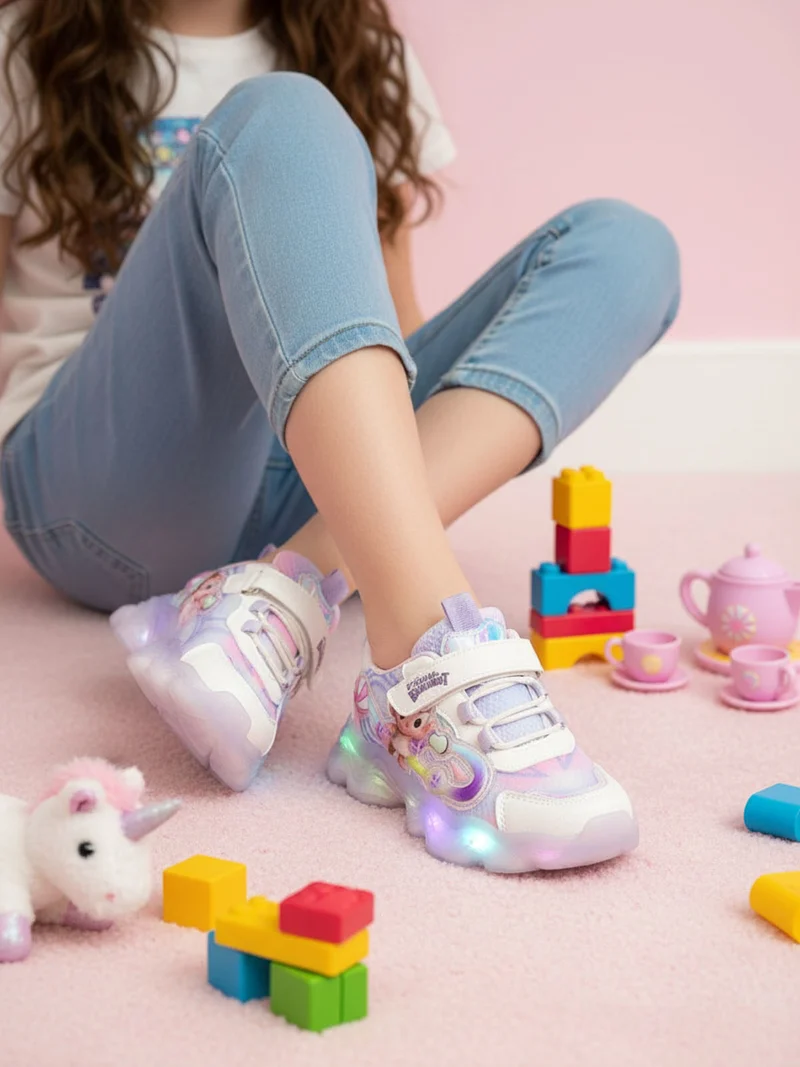 Sneakers da bambina con luci e cinturino a strappo - lilla