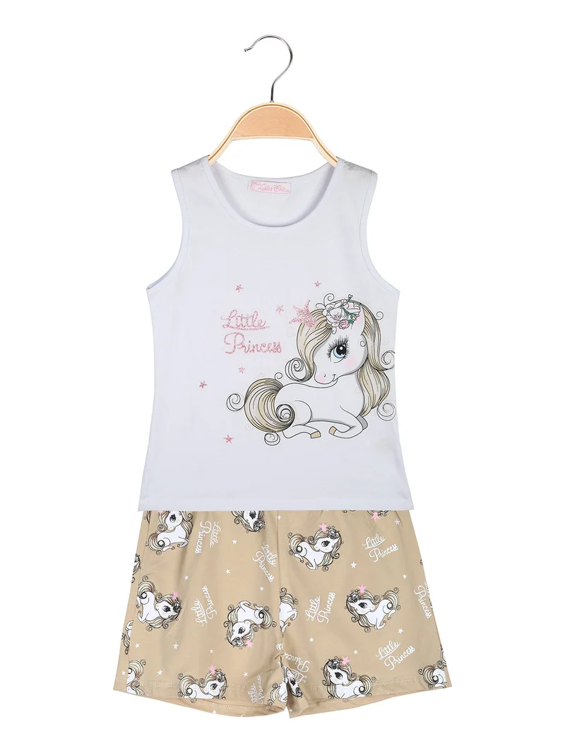 Completo corto da bambina con canotta e shorts - beige