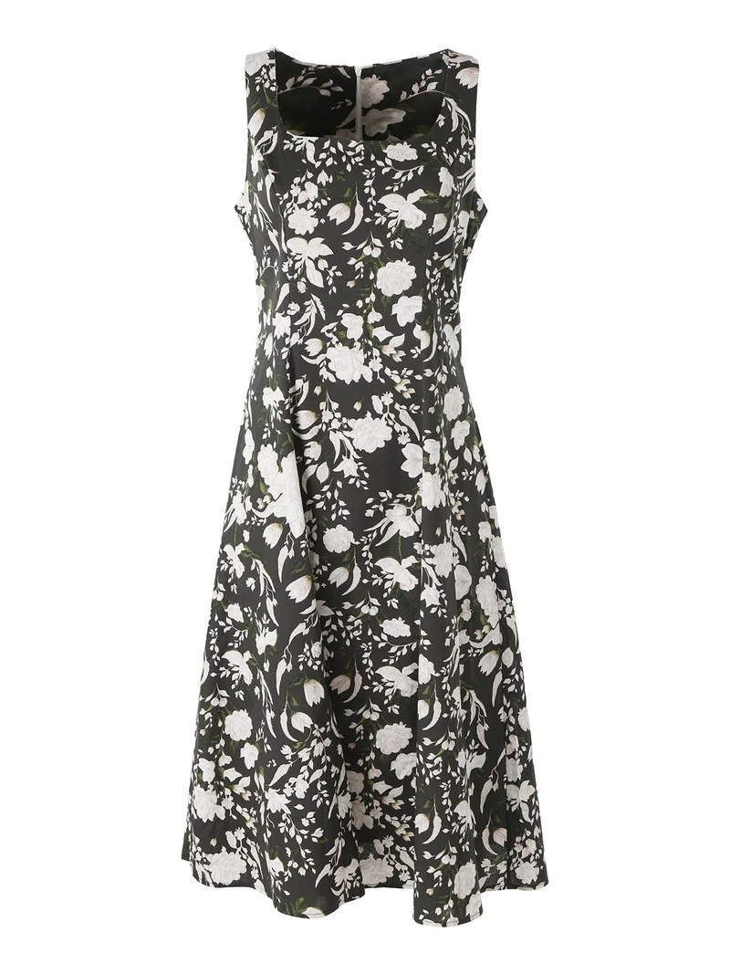 Vestito donna floreale senza maniche con scollo quadrato - militare