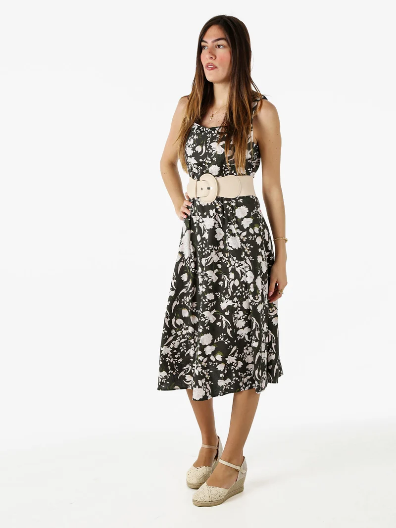 Vestito donna floreale senza maniche con scollo quadrato - militare