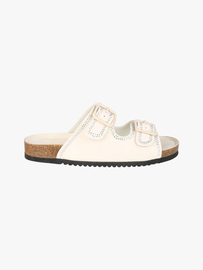 Ciabatte donna con doppia fibbia e strass - beige