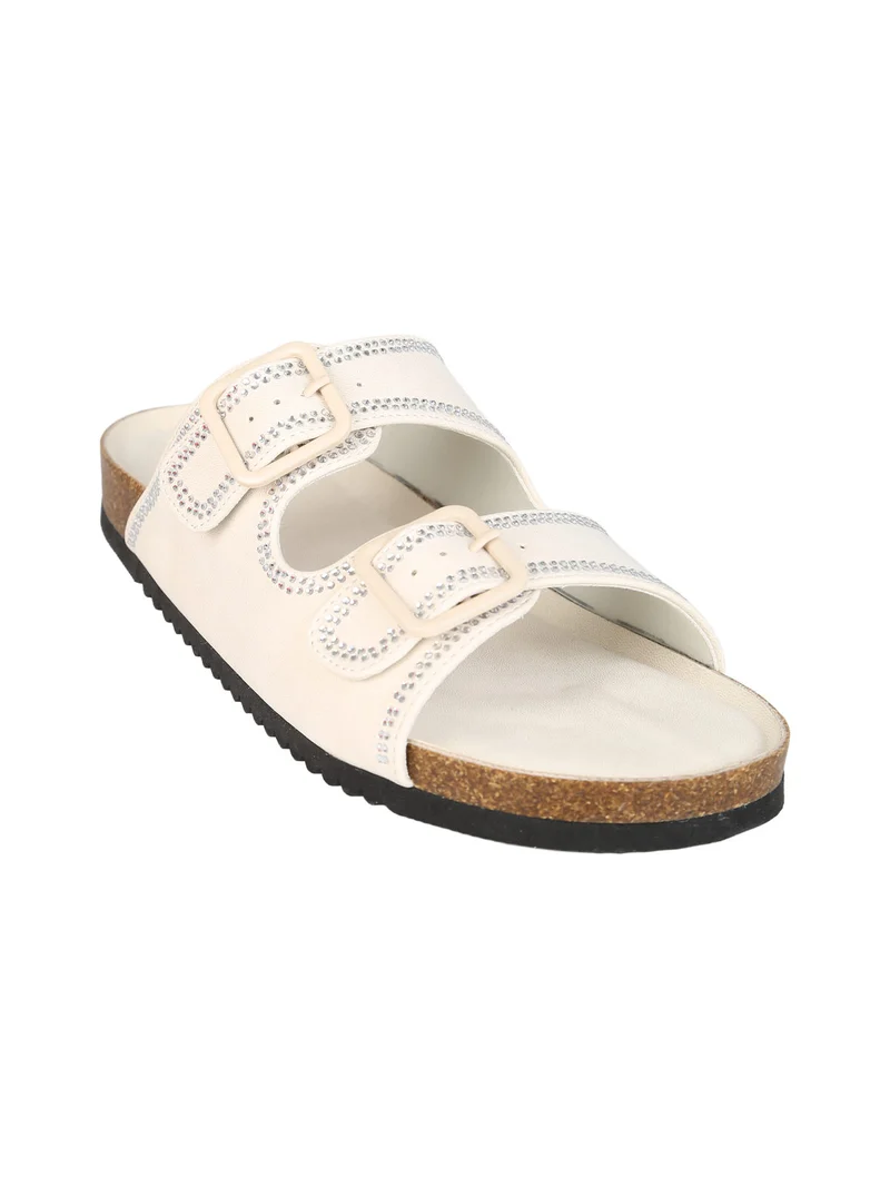 Ciabatte donna con doppia fibbia e strass - beige