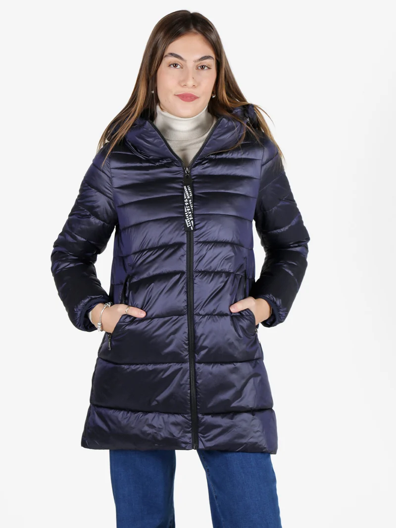 Giubbotto donna imbottito con cappuccio - blu scuro