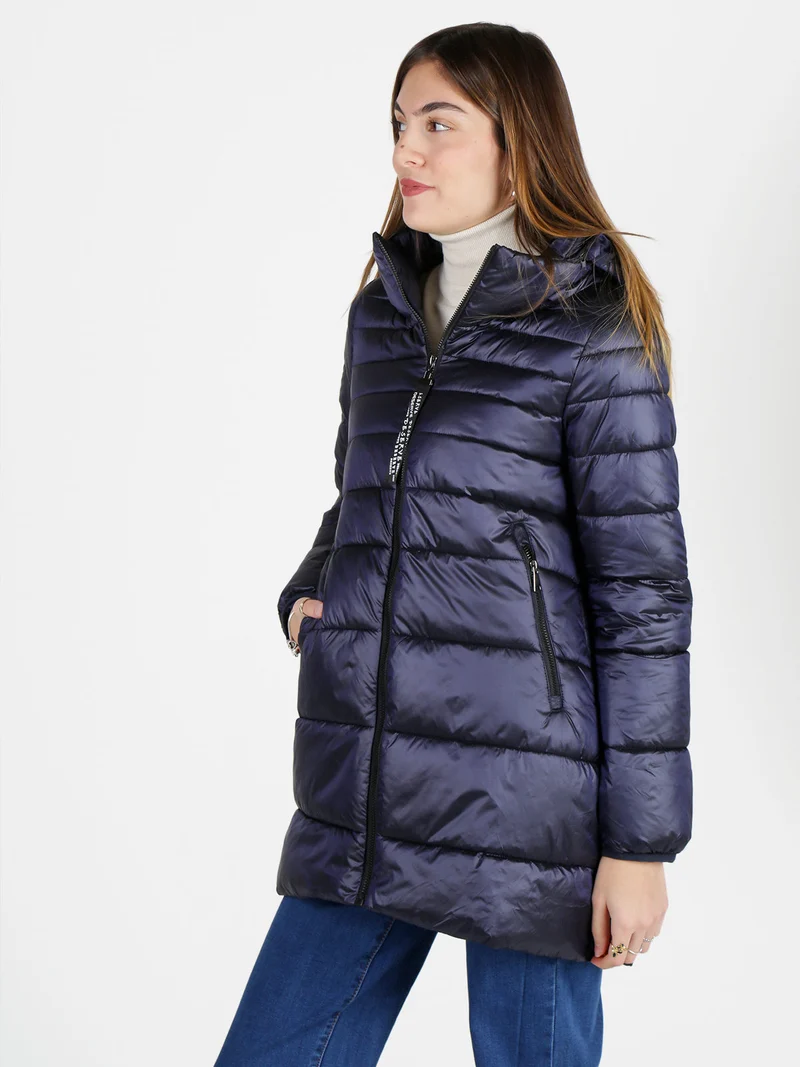 Giubbotto donna imbottito con cappuccio - blu scuro