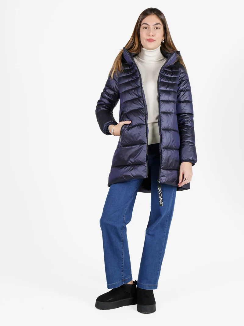 Giubbotto donna imbottito con cappuccio - blu scuro