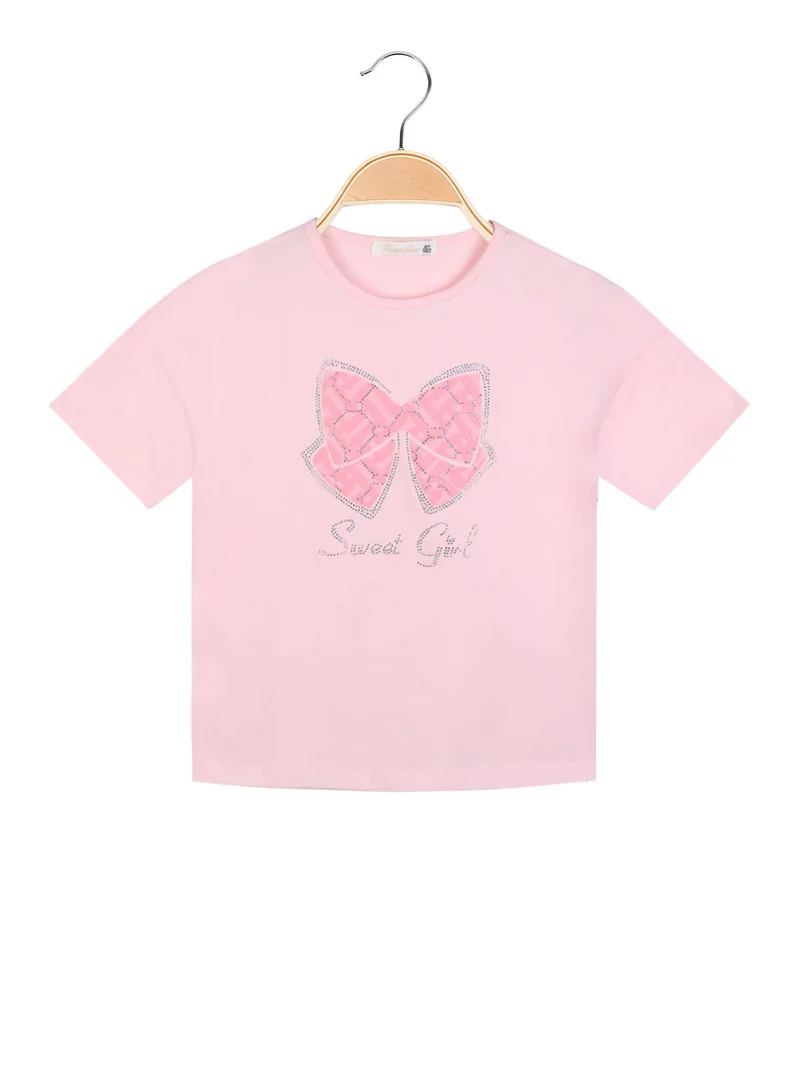 T-shirt manica corta da bambina con strass - rosa