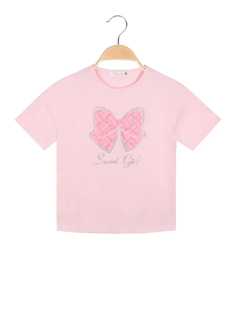 T-shirt manica corta da bambina con strass - rosa