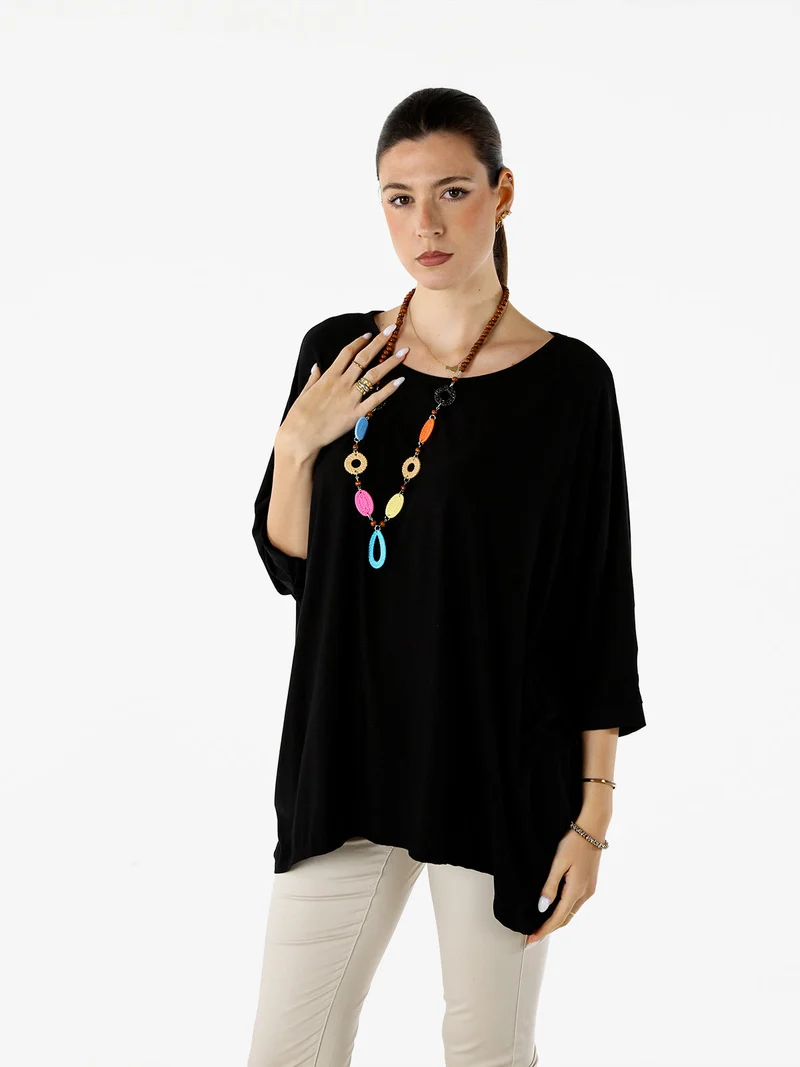 Maxi blusa da donna in viscosa con maniche a pipistrello - nero