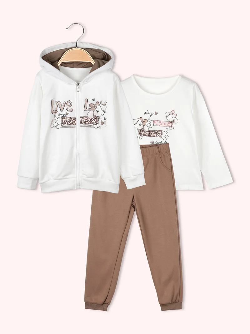 Completo 3 pezzi da bambina con cappuccio e zip - bianco