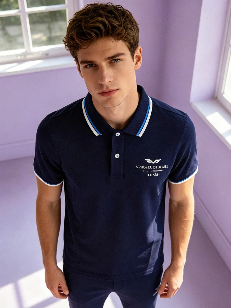 Polo da uomo in cotone a maniche corte con stampa - blu scuro