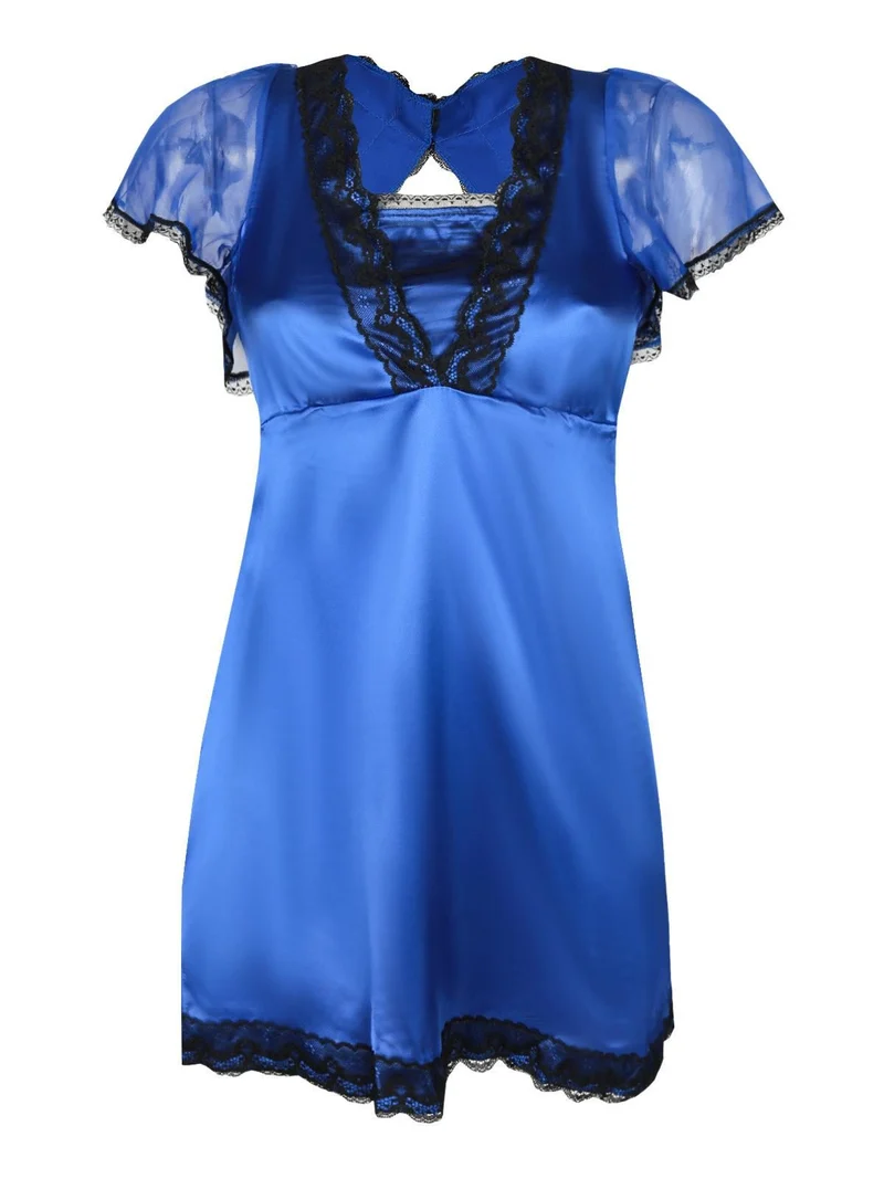 Babydoll in raso con pizzo + perizoma - bluette