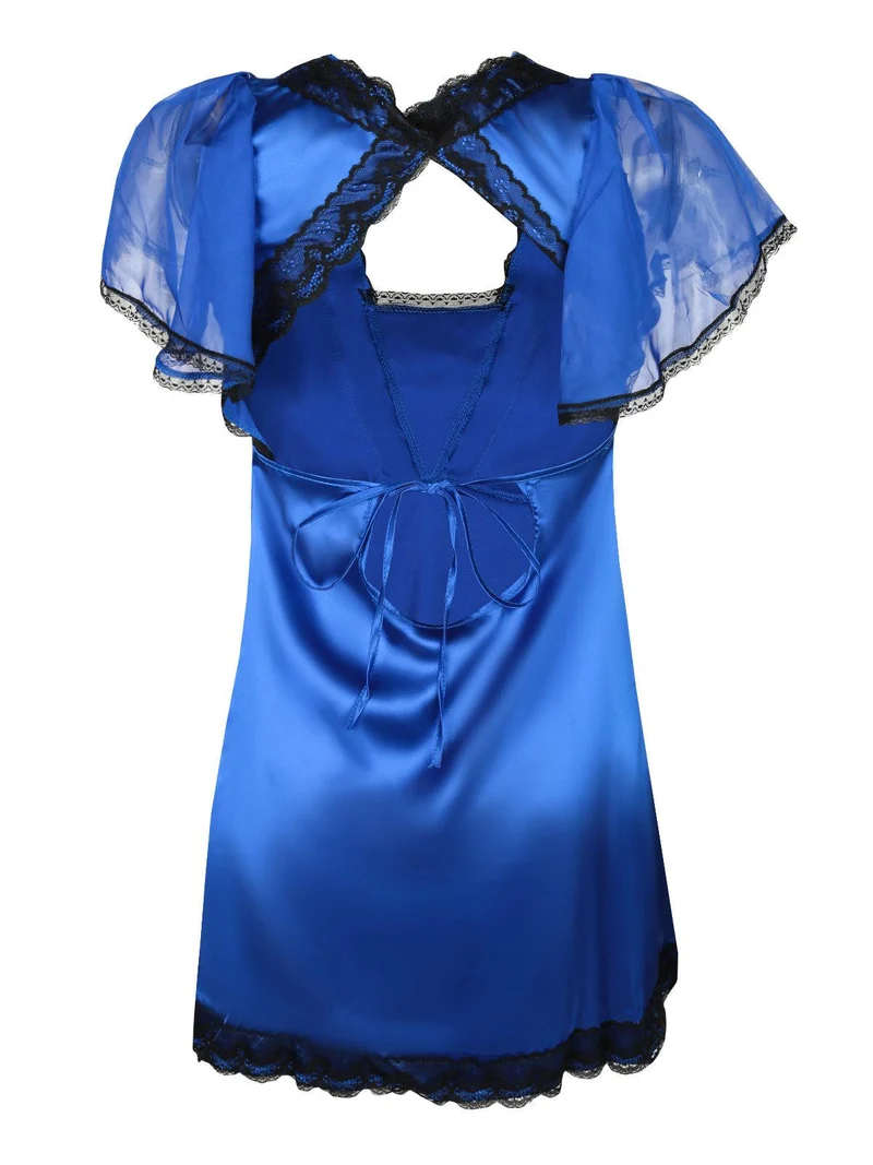 Babydoll in raso con pizzo + perizoma - bluette