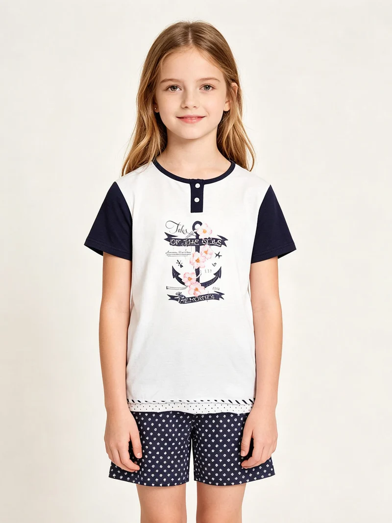Pigiama corto in cotone da bambina - blu scuro