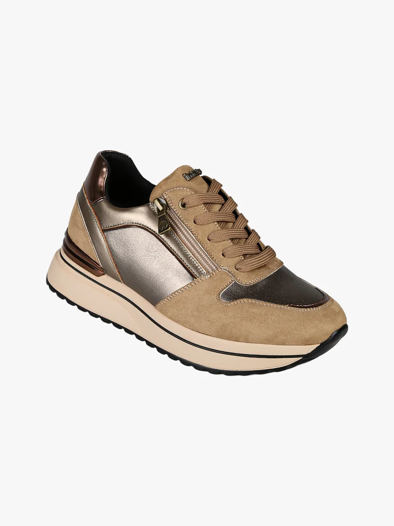 Sneakers donna stringate con platform e zip - marrone