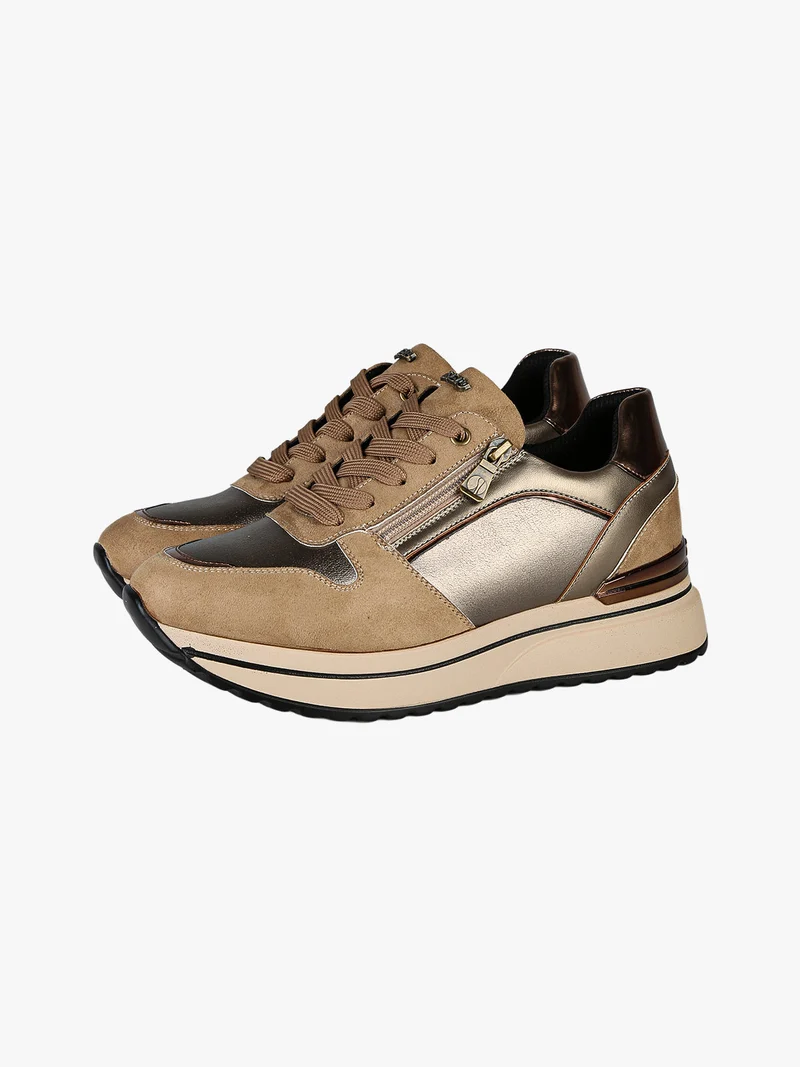 Sneakers donna stringate con platform e zip - marrone