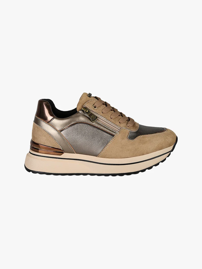 Sneakers donna stringate con platform e zip - marrone